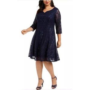 SLNY Womens Plus Size 20W Navy Blue Sequined A-Line Lace Cocktail Party Dress